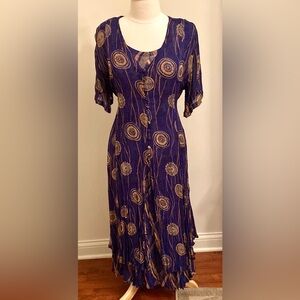 Olivia Vintage Blue Gold Retro Crepe Crinkle 3/4 Sleeve Tiered Maxi Dress SZ MP